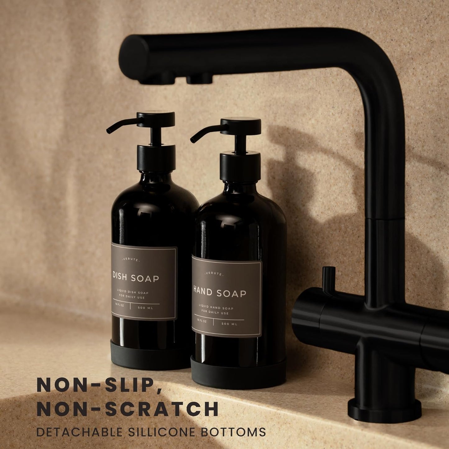 16oz Glass Soap Dispenser with Stainless Steel Pump, 21 Waterproof Labels, Non-Slip Protective Silicone Pad, Set of 2 for Bathroom & Kitchen (Gloss Black Bottle/Black Pump)