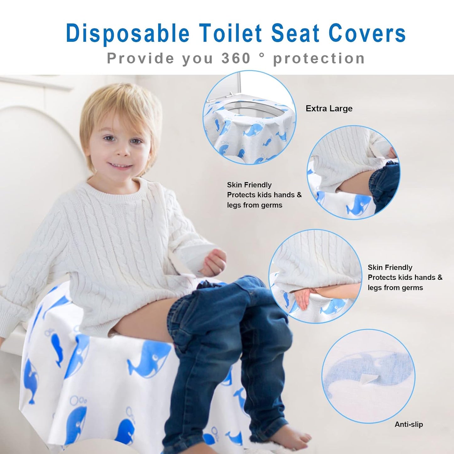 41 Pack Toilet Seat Covers Disposable, Extra Large Disposable Toilet Seat Covers for Adults, Individually Wrapped Potty Training Liners with Non-Slip Adhesives for Kids in Home, Restrooms&Travel -Blue