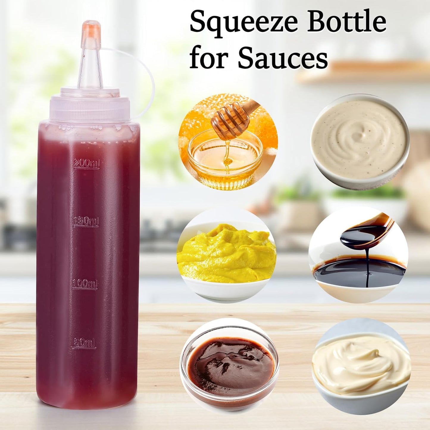 Condiment Squeeze Bottles Ketchup Dispenser, 6 Pack 8oz Squeeze Bottles for Liquids, Plastic Sauce Bottle with Cap Lid, Squirt Bottles for Sauces Liquids BBQ Dressing Pancake Art
