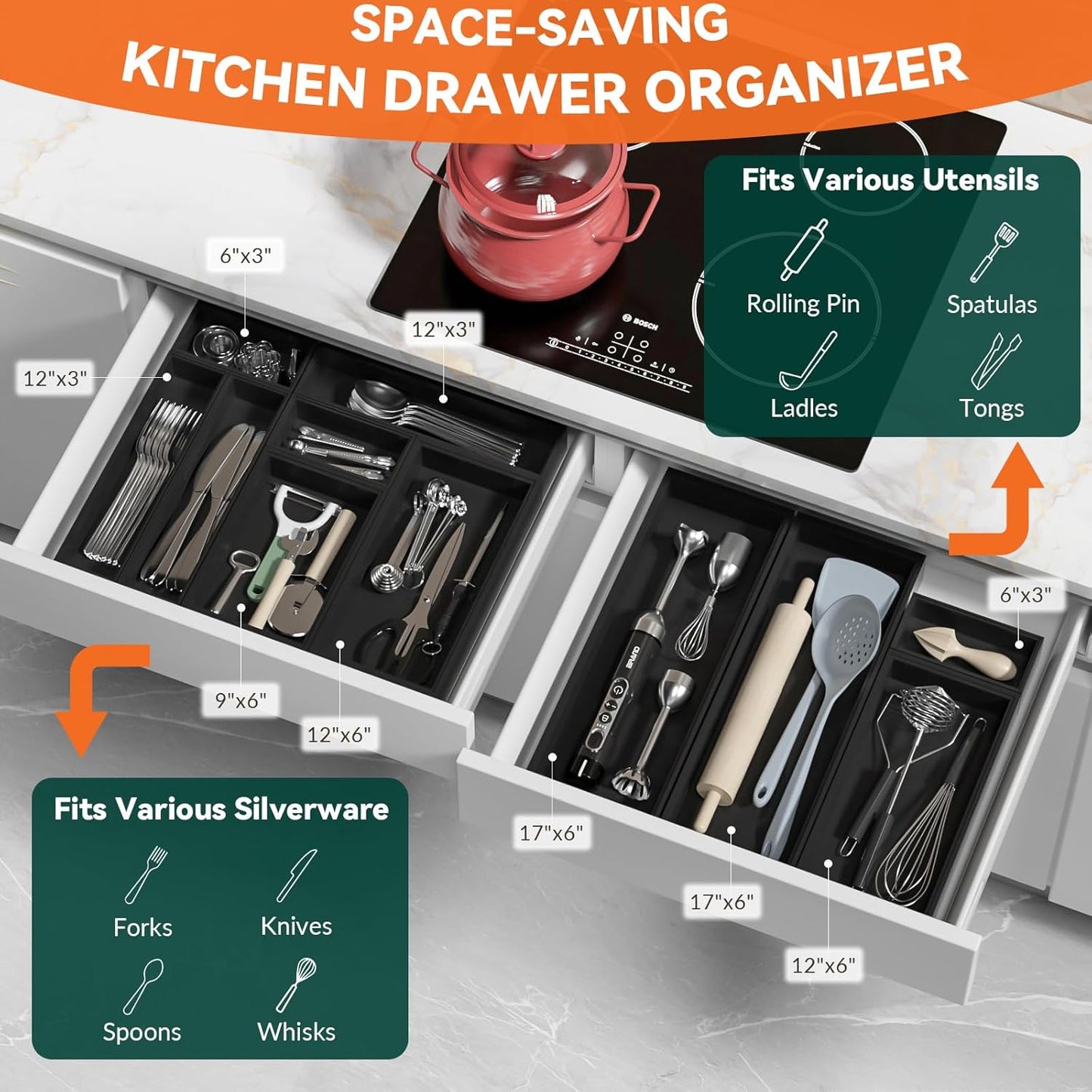 Bamboo Kitchen Drawer Organizer - Set of 2, Stackable Utensil Organizers, Wooden Storage Box Tray for Cabinet, Pantry, Bathroom Countertop, Multi-use Organization and Storage (Black)