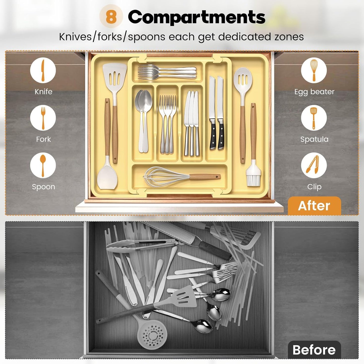 Caperci Large Silverware Organizer for Kitchen Drawer & Utensils - Expandable Drawer Organizer for Cutlery, Flatware & Gadget, BPA-Free Thick Plastic, Wider Compartments & Non-skid Feet (Desert Sand)