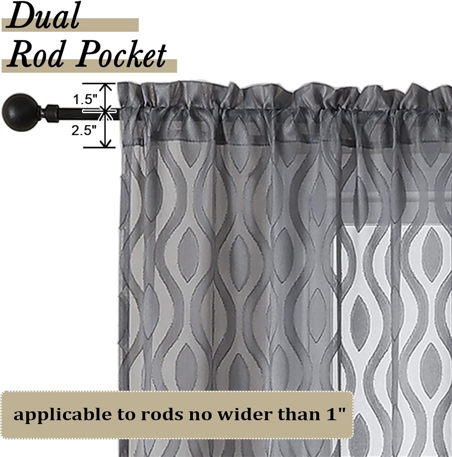 Aiyufeng Extra Long Grey Sheer Curtains 96 Inches Long for Bedroom 2 Panels Set, Farmhouse Wavy Line Light Filtering Clip Jacquard Solid Voile Living Room Curtains, Dual Rod Pocket, 40" Wx96 L Inches