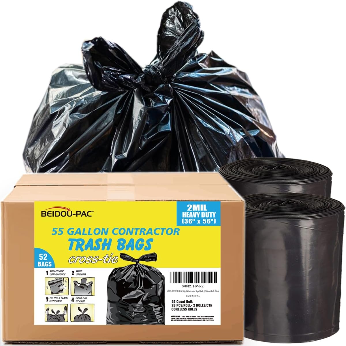 Contractor Heavy Duty Trash Bags 55 Gallon | 52 Count | 2 MIL | 36" X 56" | Large Black Flap Tie Construction Garbage Bags for Business Home Commercial, Industrial, Storage, Outdoor