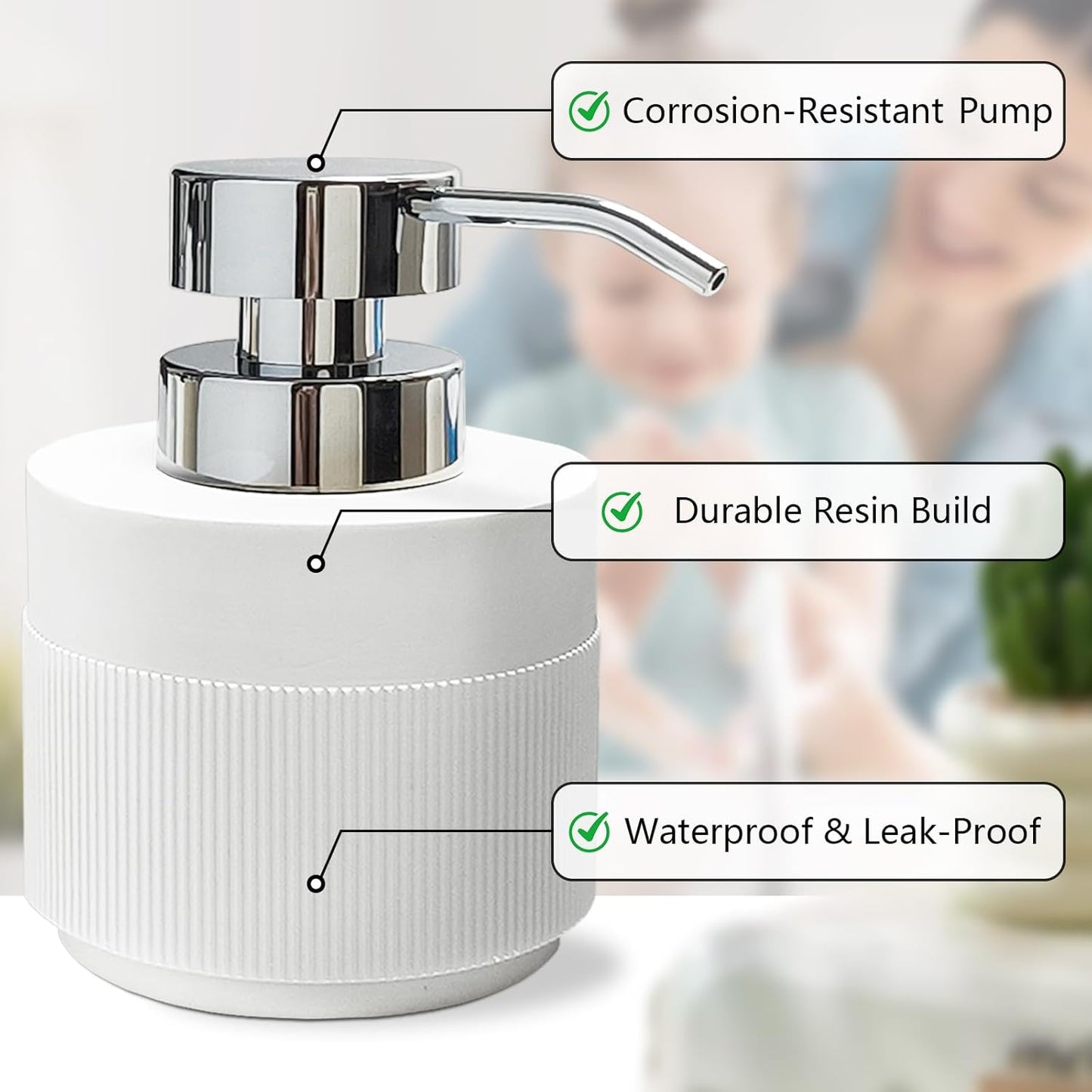 Resin Soap Dispenser for Bathroom, Hand Lotion Liquid Dispenser Easy-to-Press with Reusable Plastic Pump for Shampoo Bathroom Kitchen Countertop Anti-Slip Rust-Proof 12.5 oz White
