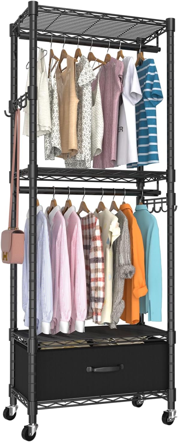 Clothes Rack, Clothing Rack for Hanging Clothes, 4 Tiers Adjustable Closet Organizer System with Drawer | Double Rods | Side Hooks | Load 445lbs | 23" L x 13.18" W x 78.74" H | Black