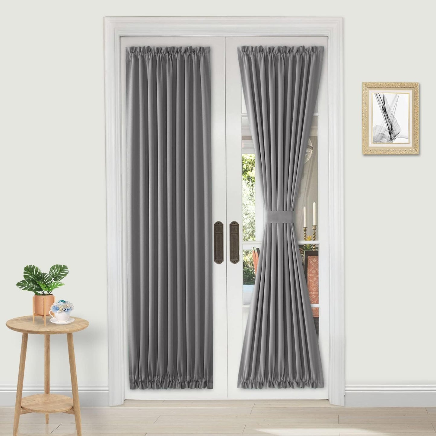 DWCN French Door Curtains – Rod Pocket Thermal Blackout Curtain for Doors with Glass Window, Kitchen and Patio Doors for Privacy, 25 X 72 Inches Long, 1 Curtain Panel with Tieback, Grey