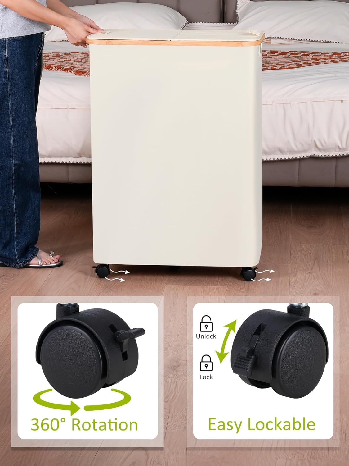 efluky Double Laundry Hamper with Wheels, Divided Laundry Hamper with Removable Bags, 2 Section Dirty Clothes Basket with Handles for Bathroom, Bedroom & Laundry Room, 160L Beige