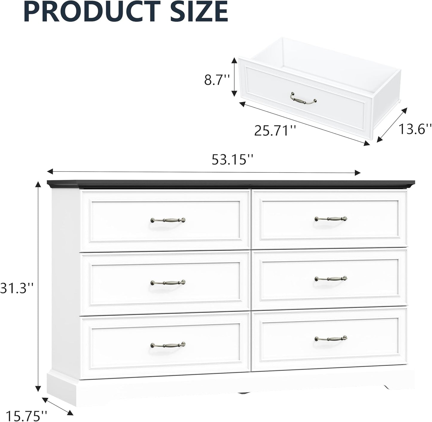 6 Drawer Dresser for Bedroom, 53" Wide Wooden Chest of Drawers, Rustic Farmhouse Dresser with Large Drawers & Metal Handles, Modern Storage Organizer for Closet, Living Room, Hallway, White