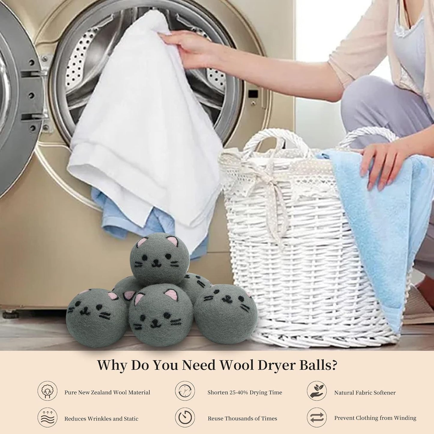 Dryer Balls Laundry Reusable - XL Wool Dryer Balls - Handmade Cute Cat Shape 6 Pack, Extra Large Dryer Balls, Shorten Drying Time, Organic Wool - Dry 1000+ Loads