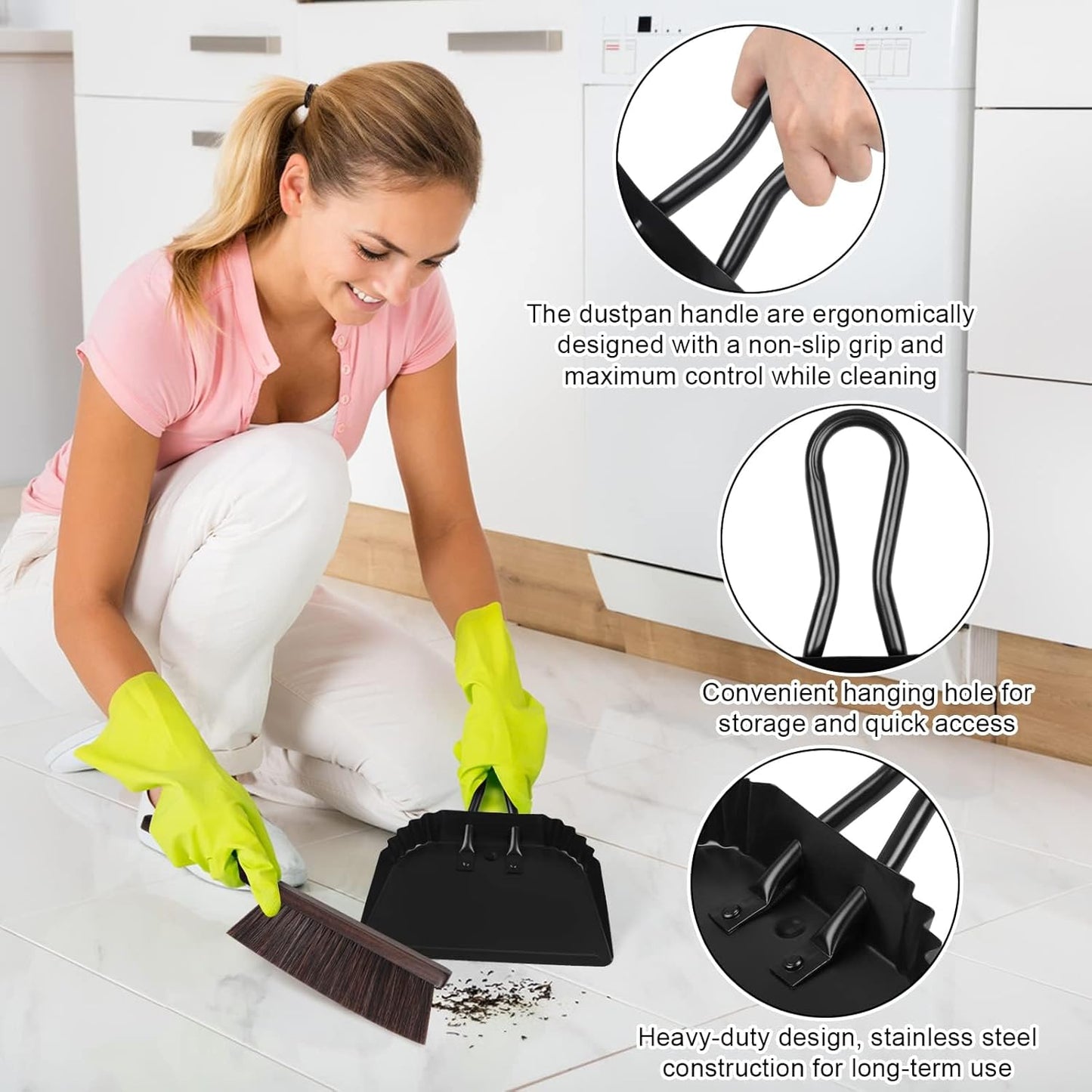 Dust Pan and Brush Set-Handheld Angled DustPan and Hand Broom Set, Large dust pan with handle,Heavy Duty Metal Dustpan and Brush Set Home For Small Item Sweeping Rubber Coated Easy to Grasp Handle