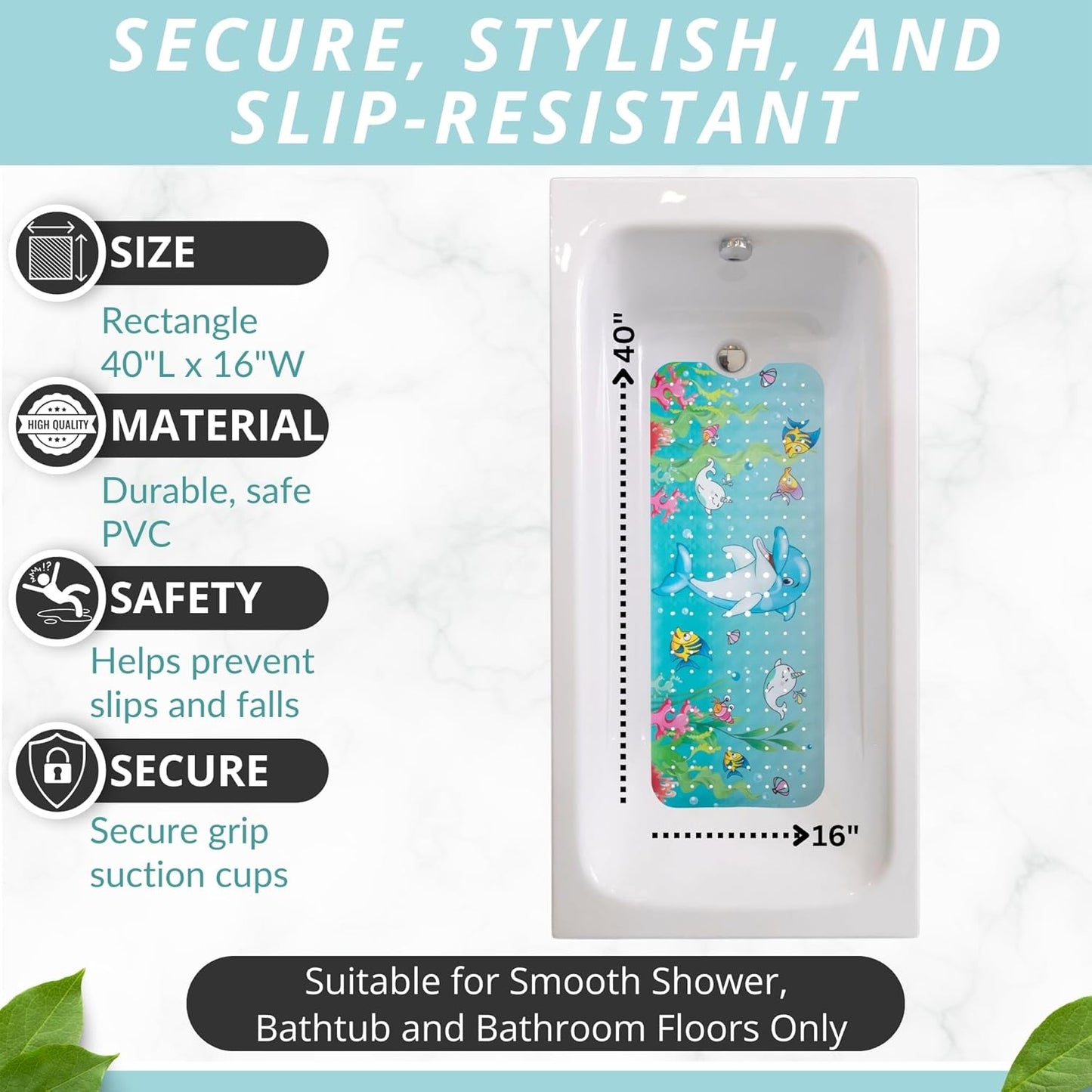 ENKOSI Bath Mat Long 40x16 – Non-Slip Bathtub Mat with Secure Suction Cups & Drain Holes with Fun Dolphin Design - Bathroom Shower Mat for Tub for Kids and Toddlers (Bath Dolphin)