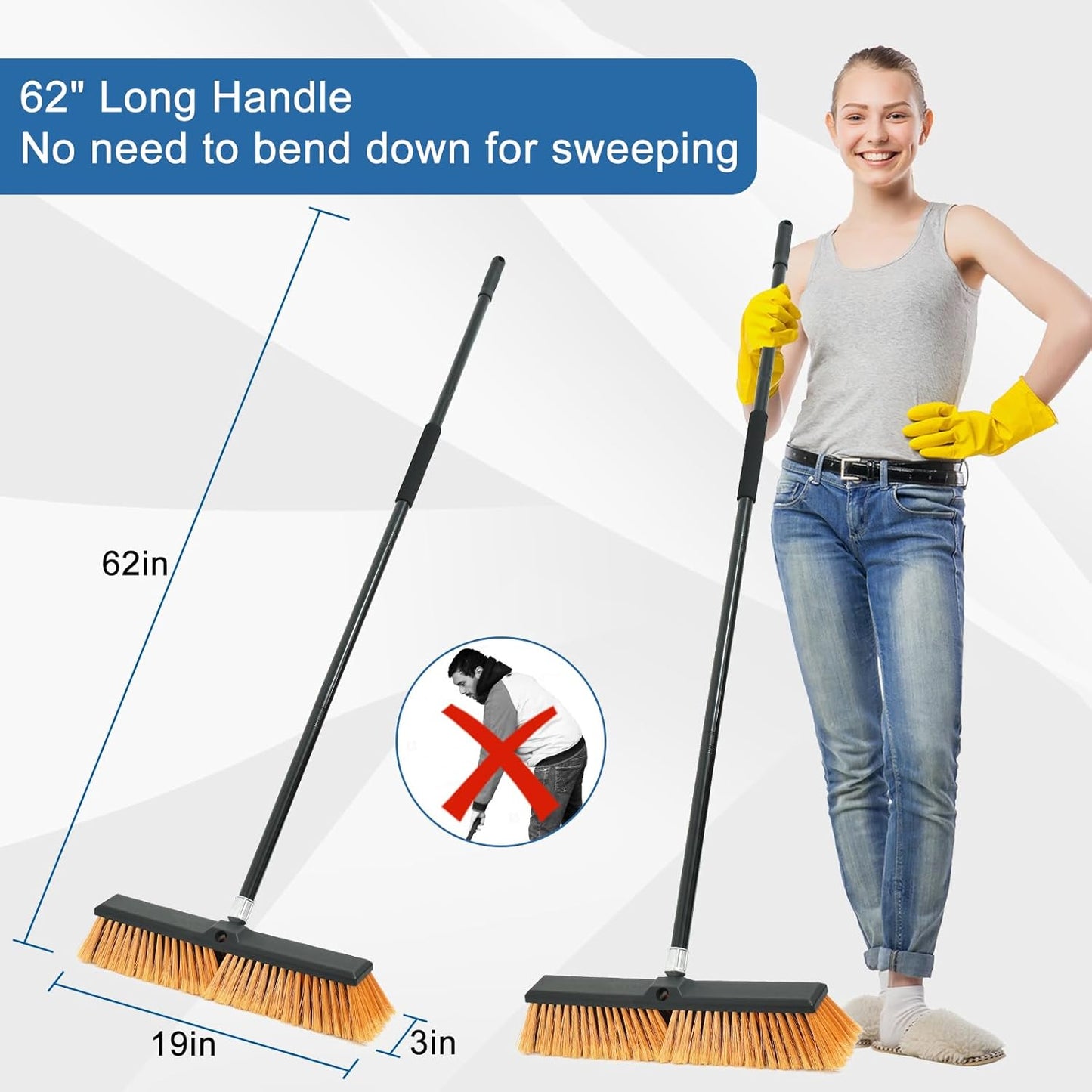 PBHEPJ 18 Inchs Push Broom Outdoor Heavy Duty, Shop Broom with 60" Long Bandle for Cleaning Outdoor or Indoor Tile, Garage, Shop, Deck, Concrete, Wood, Stone, Patio Floor