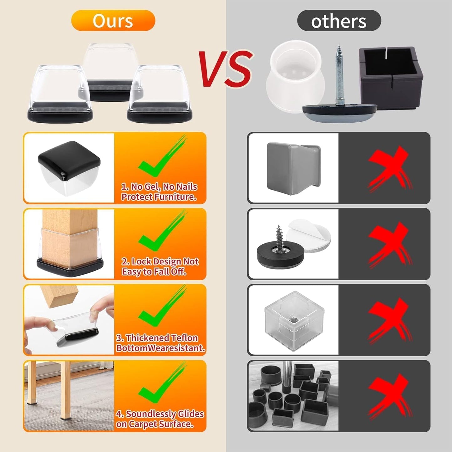 Ezprotekt 24 Pcs Large Clear Chair Leg Sliders for Carpet, Square Teflon Furniture Glides Pads Caps for Rug, Bar Stool Leg Protectors Covers for Table, Chair, Sofa Legs (XL Fit: 1.5" - 2")