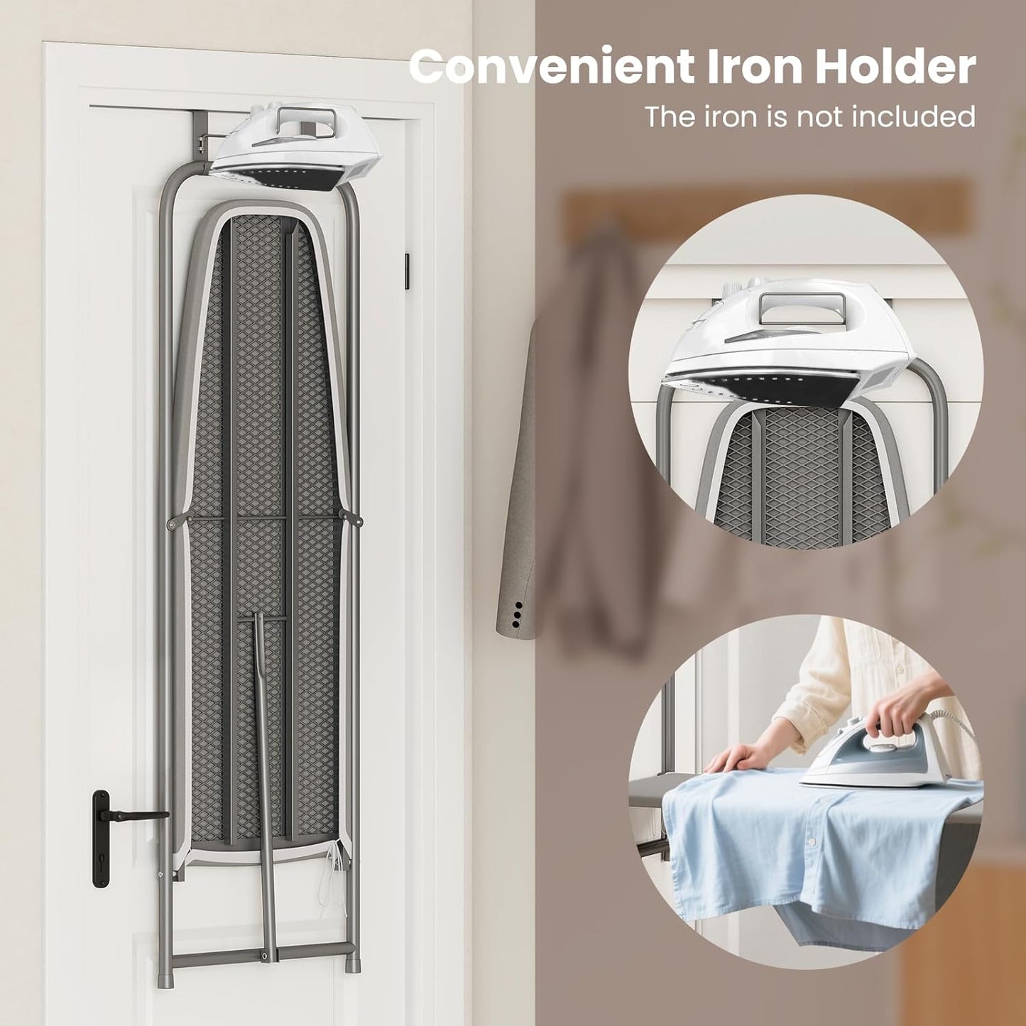 COSTWAY Over The Door Ironing Board, Space-Saving Metal Hanging Ironing Board with Iron Holder & Cotton Cover, Compact Fold Down Iron Stand for Home, Apartment, Laundry Room, Dorm, Gray