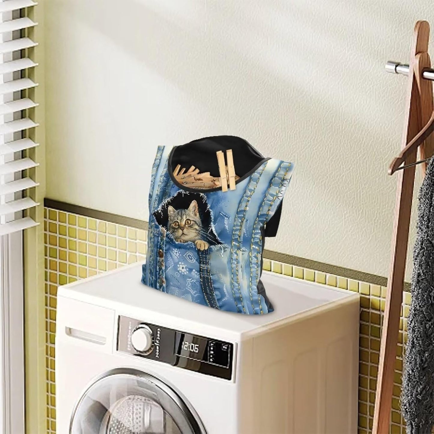 Cat Pin Bag with Hanging Rope, Laundry Hanging Bag, Fits Clothes Lines, Outdoor/Indoor Use