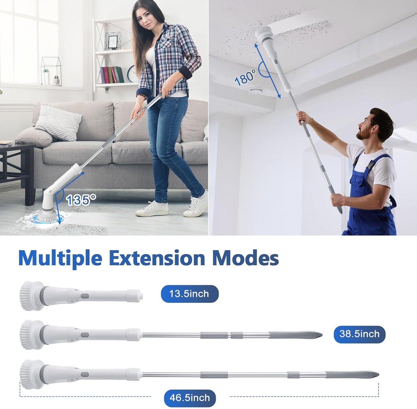 Qimedo Handheld Spin Scrubber with Extended Long Handle, Rechargeable Electric Scrubber for Cleaning, Cordless Power Dish Scrubber with 6 Brushes for Bathtub Grout Tile Floor