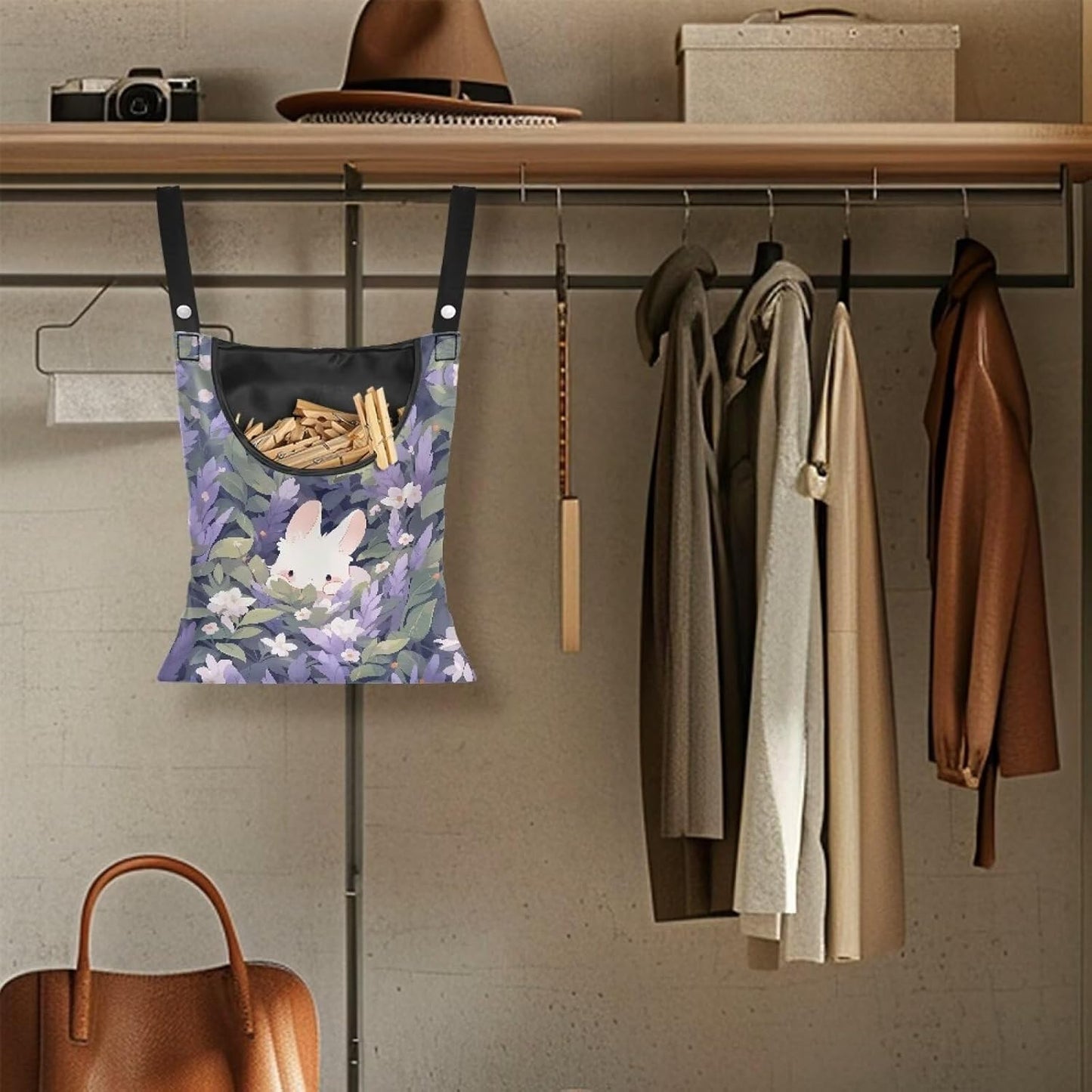 Clothespin Bag for Clothes Pin Holder for Outside and Clothes Line Pins, Clothes Pin Hanging Bag Fits Outdoor Laundry Clothesline - Rabbit and Floral