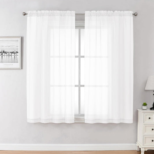 Chyhomenyc White Sheer Curtains 45 Inch Long 2 Panels, Short Voile Drapes for Dinning Small Windows Bathroom Living Room Bedroom, Rod Pocket, 42Wx45L Inches