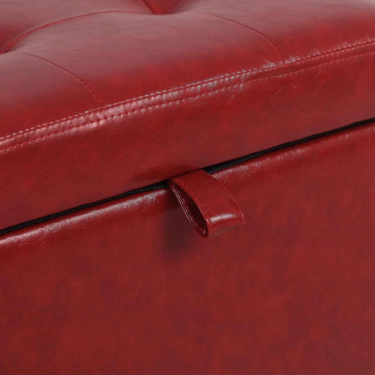 Adeco Faux Leather Storage Ottoman with Hinged Lid, 14 Inch High Red Square Cube Foot Stool with Storage, Upholstered Vanity Stool with Solid Wood Legs for Living Room, Bedroom, Dorm