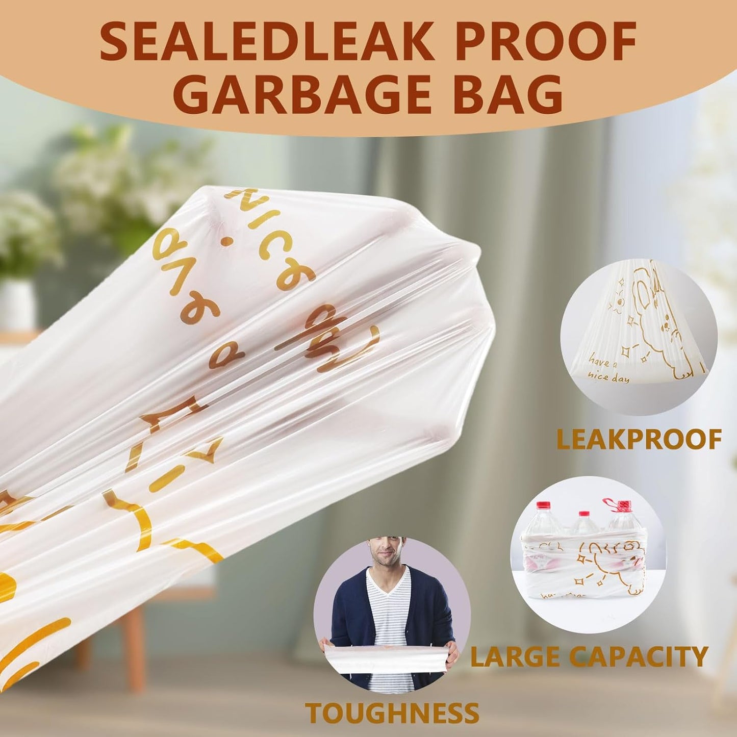 4 Gallon Trash Bags with Cute Rabbit Printed & Drawstring, Tear-Resistant Small Bathroom Garbage Bags, Heavy-Duty Trash Can Liners for Home/Office, 180 Counts