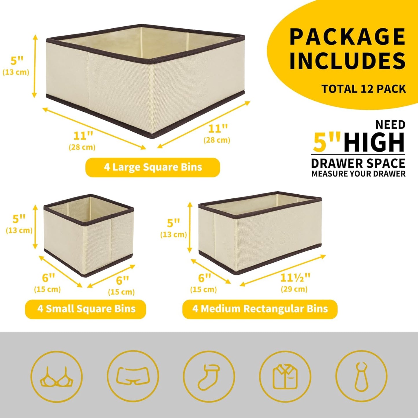 Cupic Cupid Drawer Organizer, Dresser Organizers, Foldabe Drawer Organizer Clothes, Closet Organization and Storage Dividers for Socks, Underwear and Diaper, Set of 12, Beige