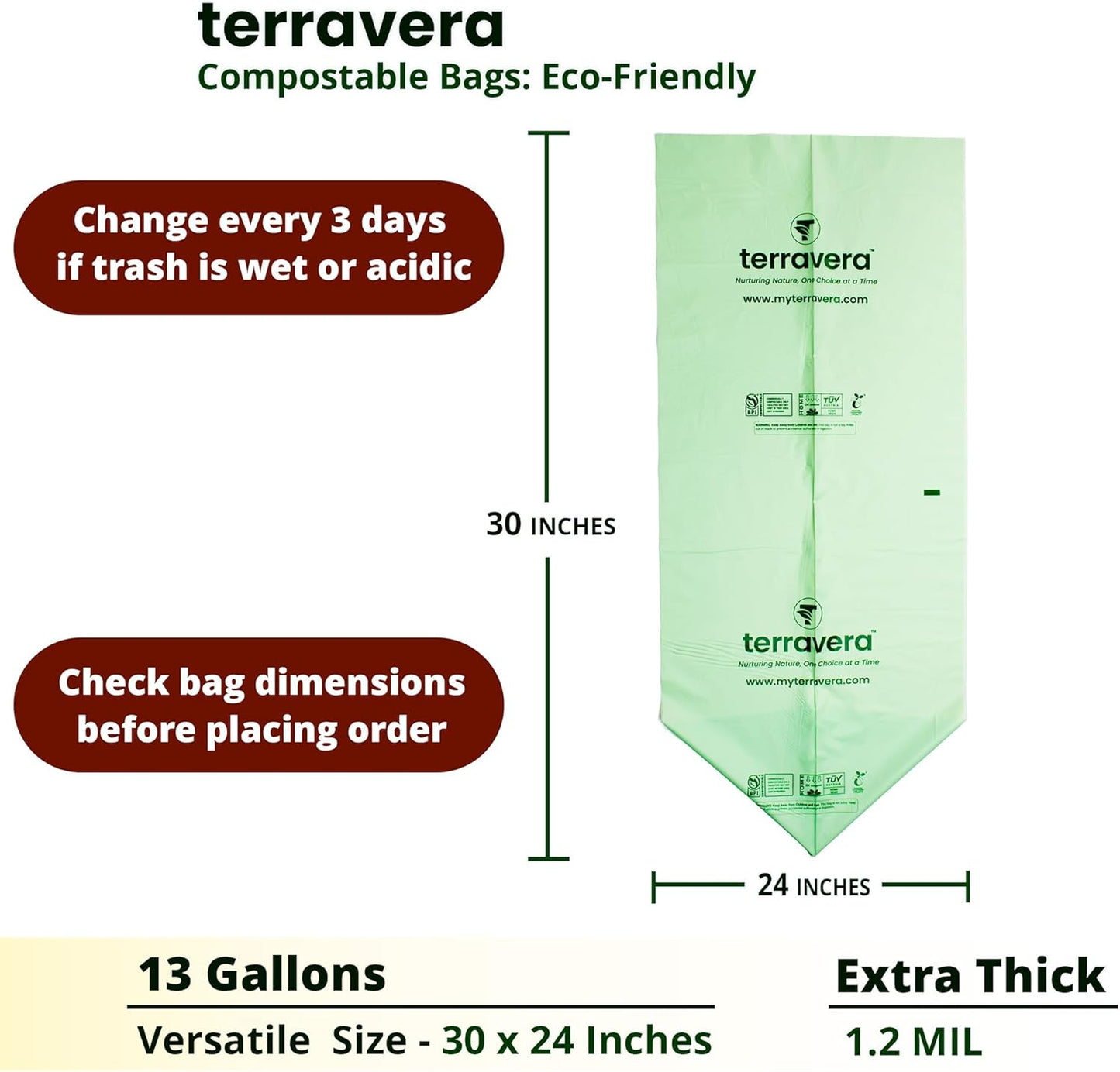 Compostable Trash Bags Bin Liners | BPI & OK Home Certified ASTM D6400 Standards | Heavy Duty Kitchen & Yard Waste Bags (13 Gallon Flat Top, 50 Count)