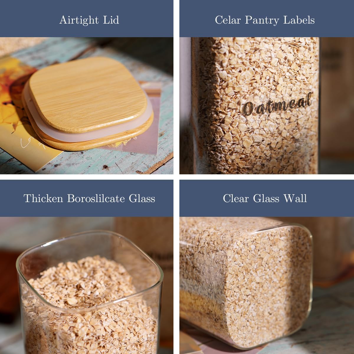 3 Pcs Square Glass Pantry Storage Containers with Bamboo Airtight Lid and 248 Clear Pantry Labels Preprinted - 74oz Thicken Glass Food Storage Jars for Coffee, Cookie, Tea, Sugar, Spice