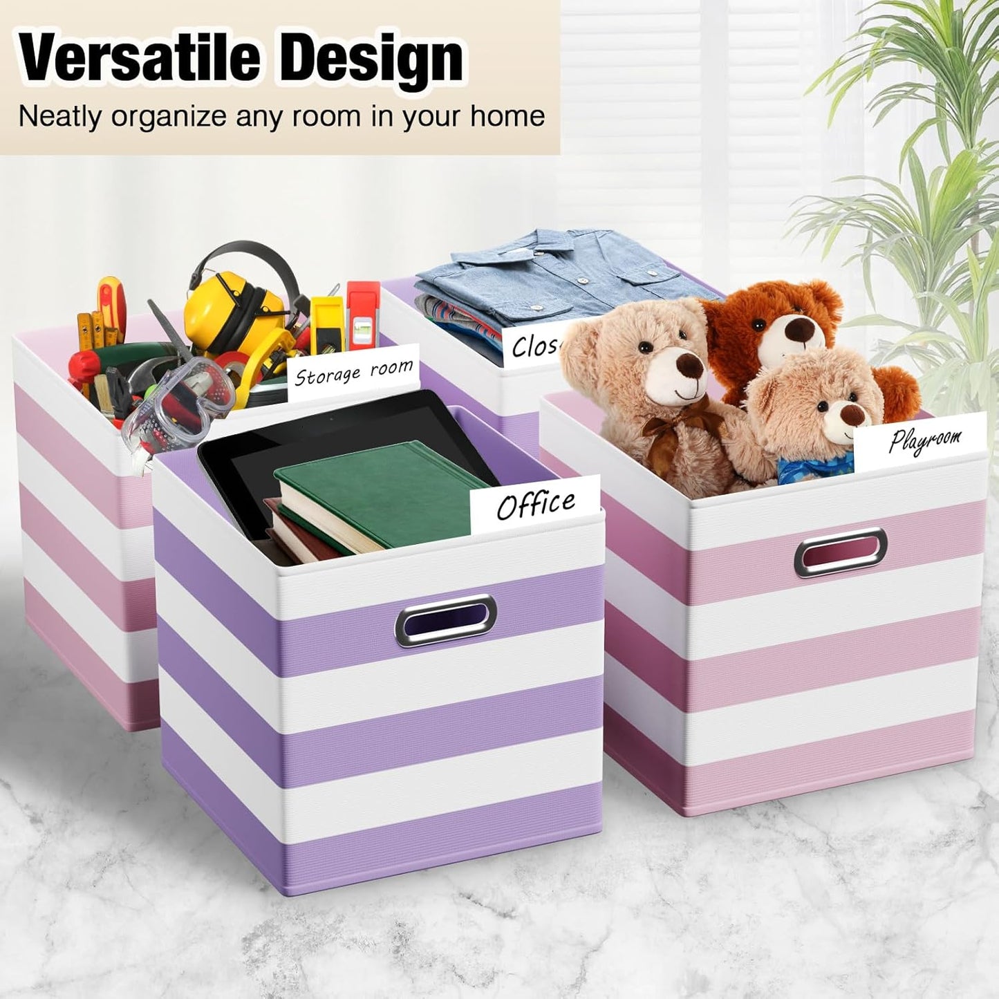 6 Pcs Fabric Storage Cubes with Metal Handle Back to School Classroom Supplies 11 Inch Macaron Colored Striped Style Collapsible Bins Organizer for School Nursery(Purple, Pink)