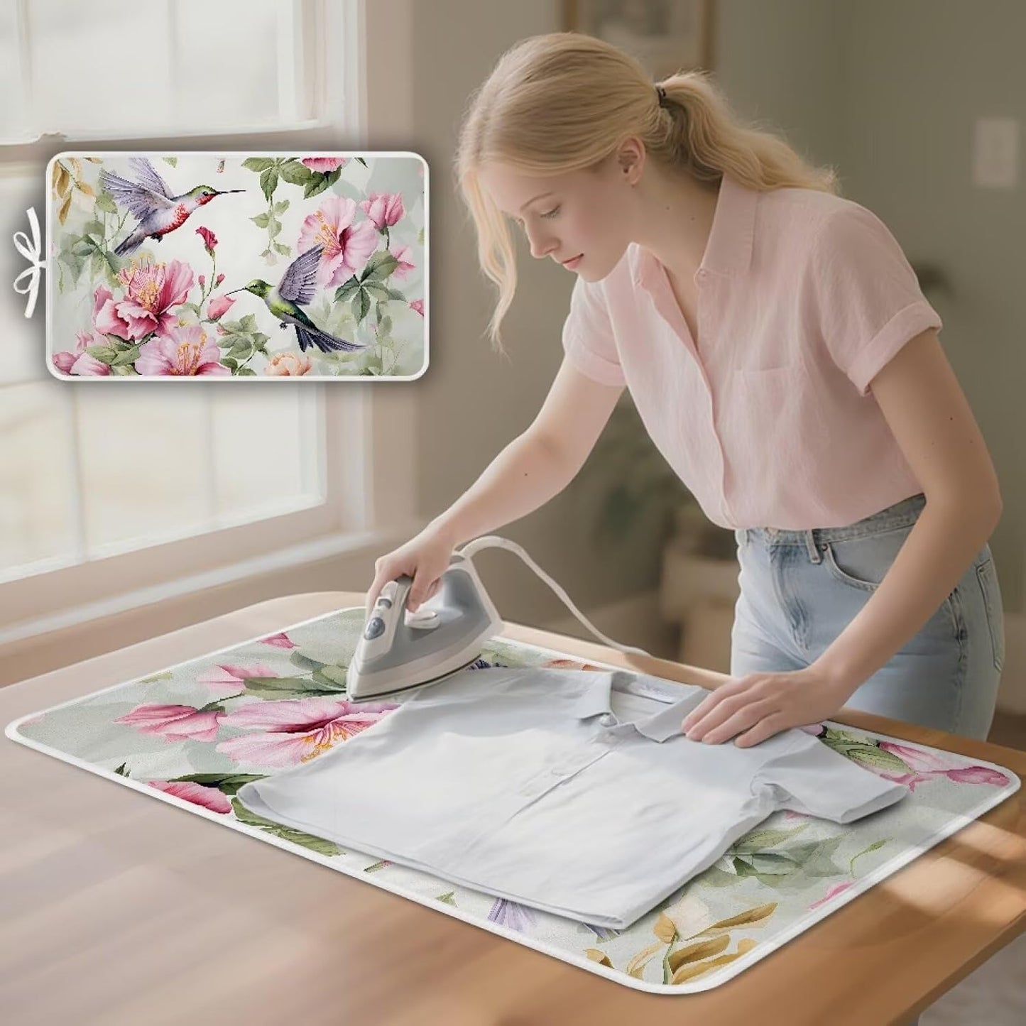 Hummingbird Ironing Mat for Table top Washer,Dryer,Countertop,Floral Print Portable Iron Pad Blanket for Washer Dryer Countertop Travel 32 x 16 Inch Small Ironing Pads