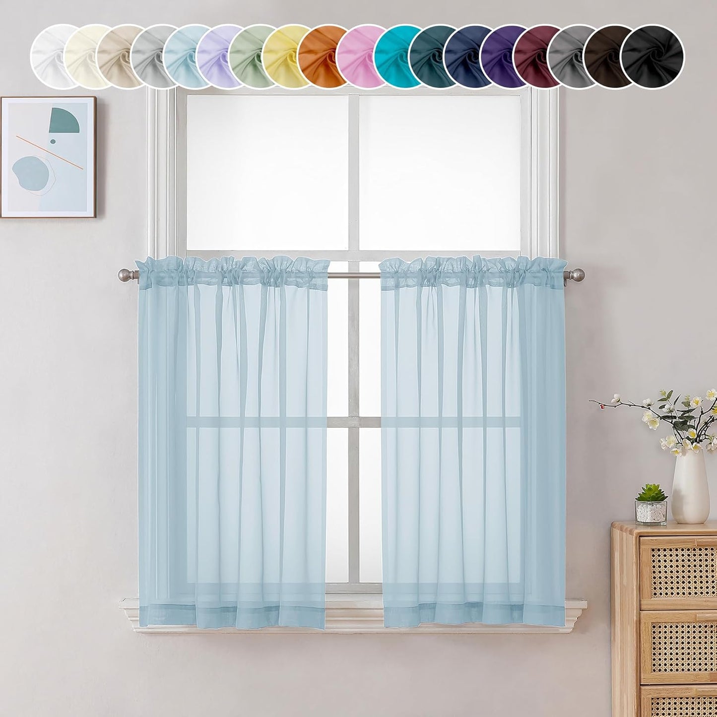 Chyhomenyc Sky Blue Sheer Curtains 36 inch Length 2 Panels, Light Filtering Voile Light Blue Short Window Curtians for Bathroom Living Room Farmhouse Small Windows, 42Wx36L inches