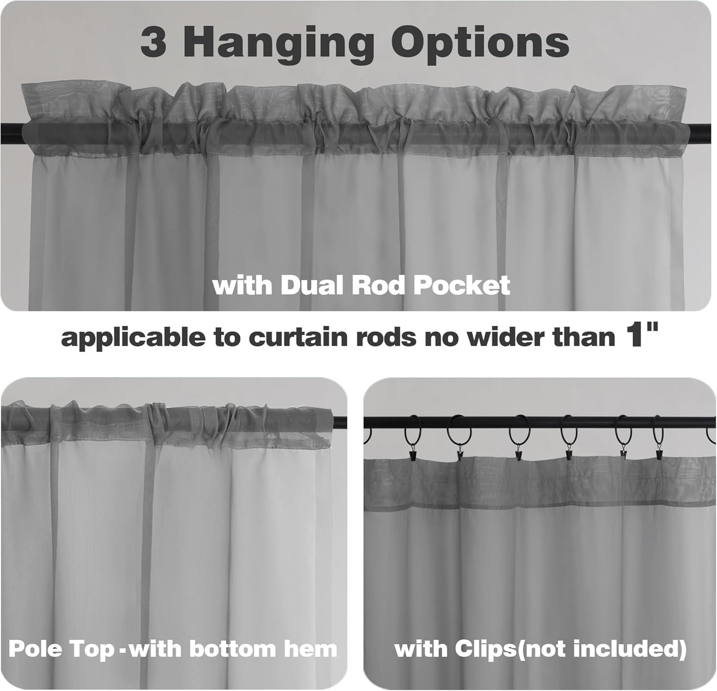 Chyhomenyc Sheer Window Curtains Tier 2 Pieces Set, 36 inch Length, Short Dining Curtains Window Treatment for Small Windows/Bathroom/Cafe/Living Room, Rod Pocket, Charcoal Grey