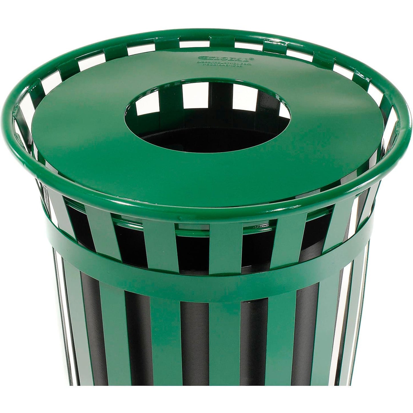 Global Industrial 36 Gallon Outdoor Slatted Steel Round Trash Can with Flat Lid, Plastic Liner & Anchor Kit Included, 28" W x 36" H, Commercial & Industrial Trash Can, Green