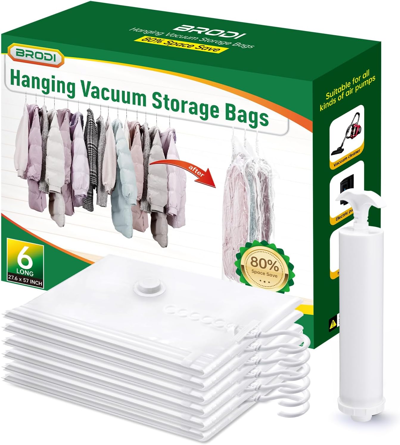 Hanging Vacuum Storage Bags For Clothes With Hand Pump,Coat Storage Bag Hanging,Vacuum Bags For Clothes,Space Saver Vacuum Storage Bags,Garment, Clothing, Dress, Suit, Long Coat, Jacket(Long 6 Pack）