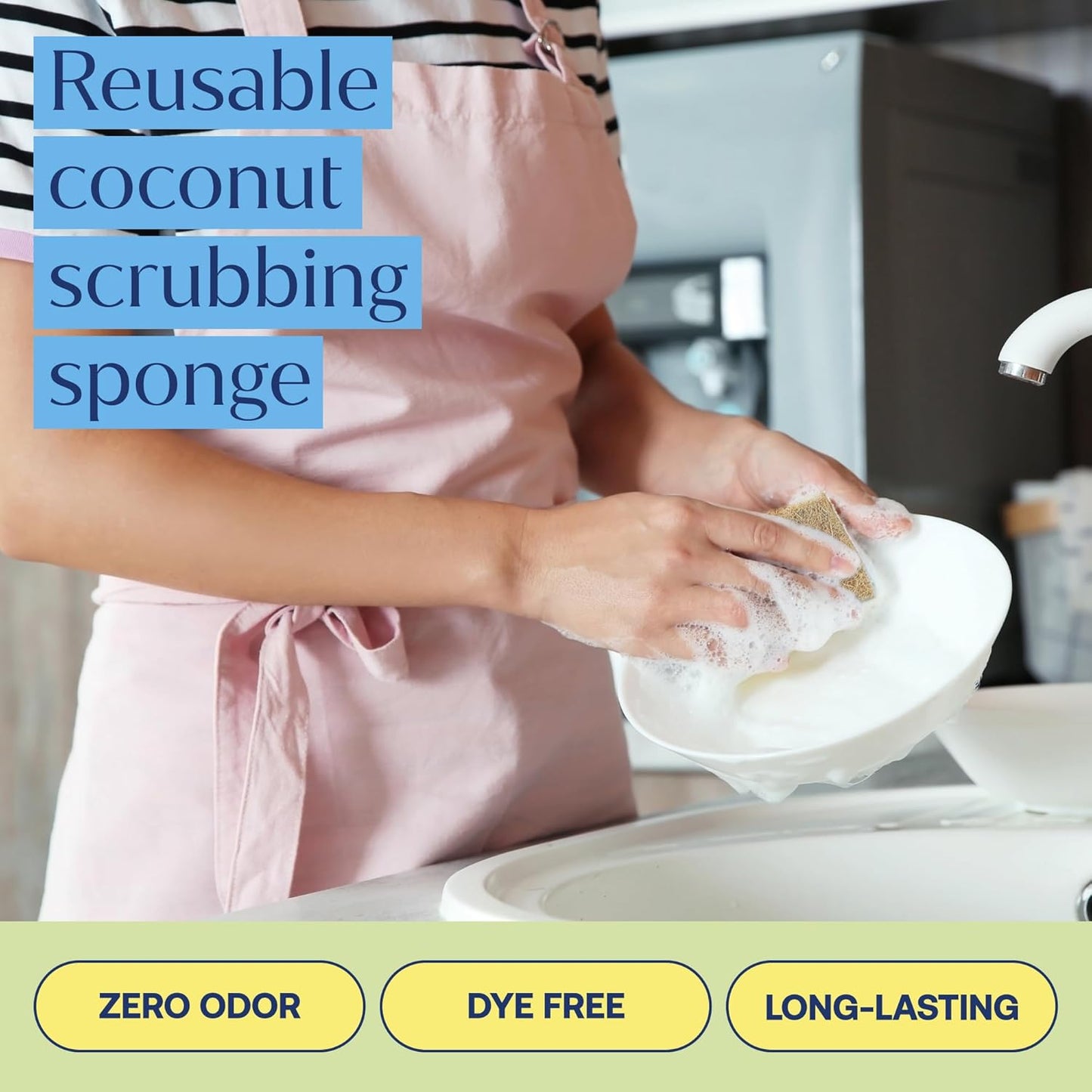 FabTab Coconut and Cellulose Sponges, Plant-Based, Non-Scratch Cleaning Sponges for Dishes, Sinks, Stoves, Countertops, Odorless Kitchen Sponge, Reusable, Dishwasher Safe 6-Count