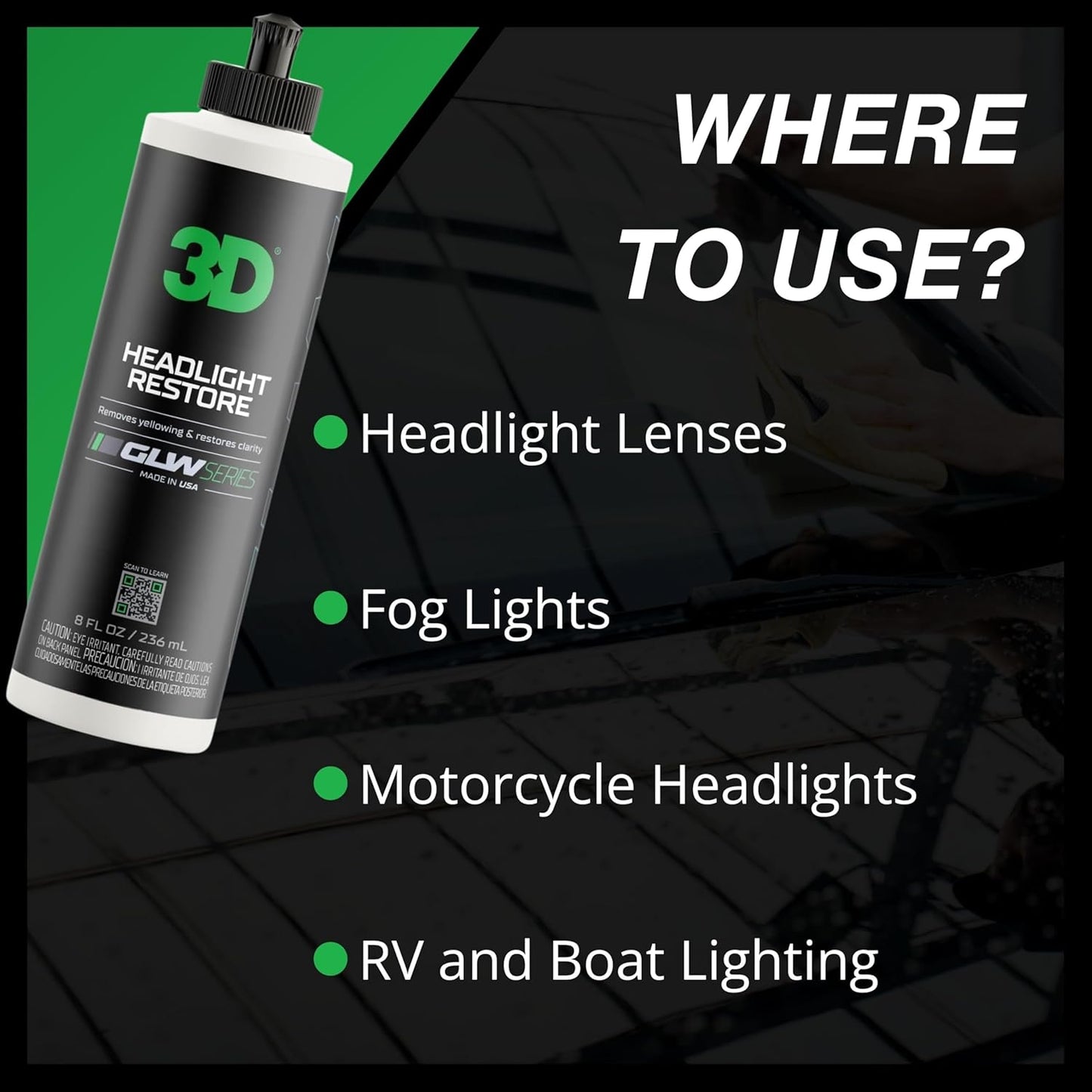 3D GLW Series Headlight Restore – 2-Step Kit Removes Oxidation, Scratches & Yellowing | UV Protection for Clear Headlights & Safer Driving | Made in USA - 8 oz