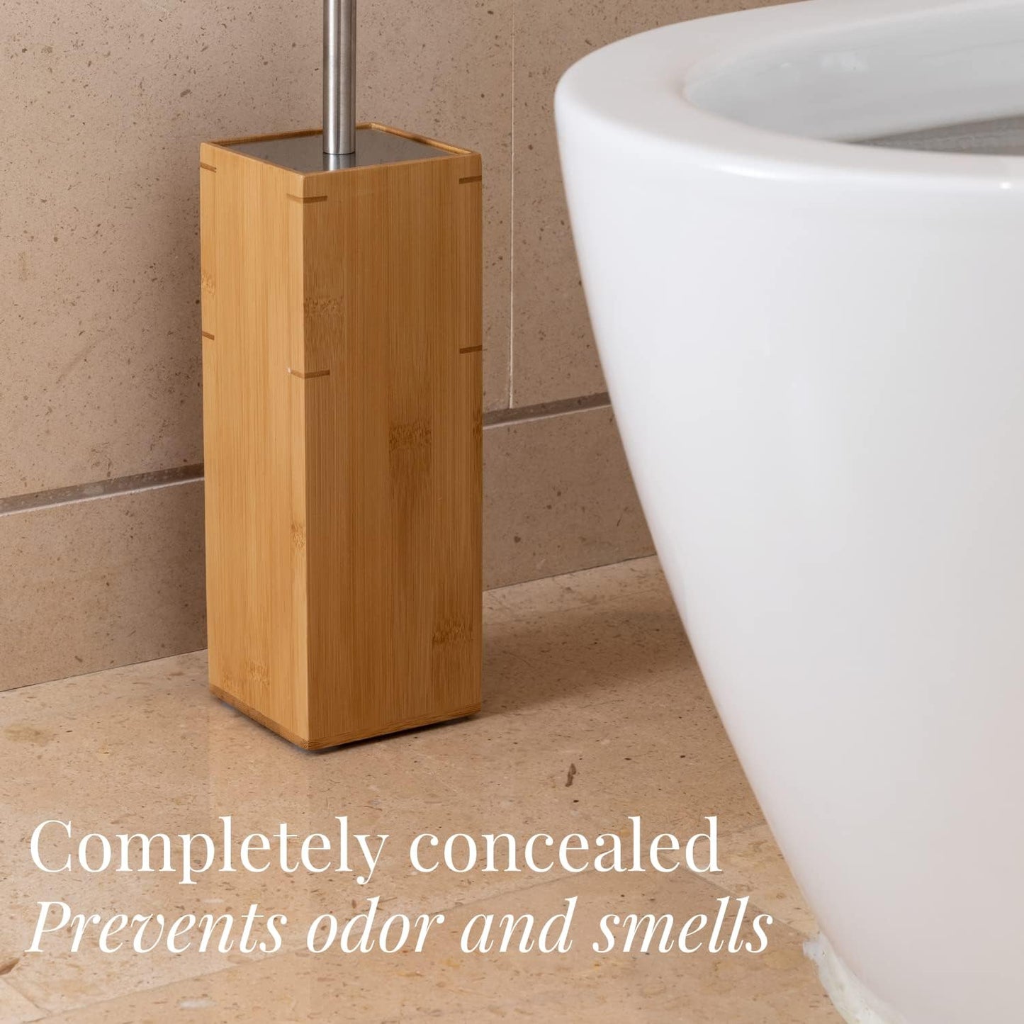 GOBAM Bamboo Toilet Bowl Cleaner with Holder for All Toilet Types - Hidden Stainless Steel Toilet Brush - Bathroom Cleaning Brushes - Toilet Accessories - Natural