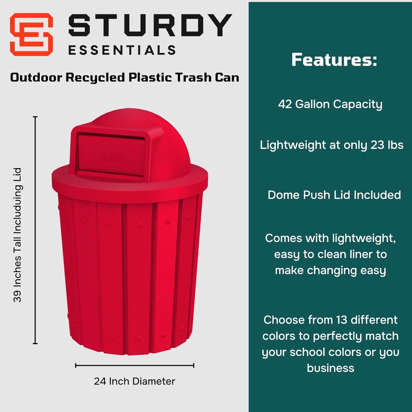 42 Gallon Slated Circle 100% Recycled Plastic Heavy Duty Outdoor Trash Can with Push Open Dome Lid and Internal Liner - Great for Schools and Businesses - Red