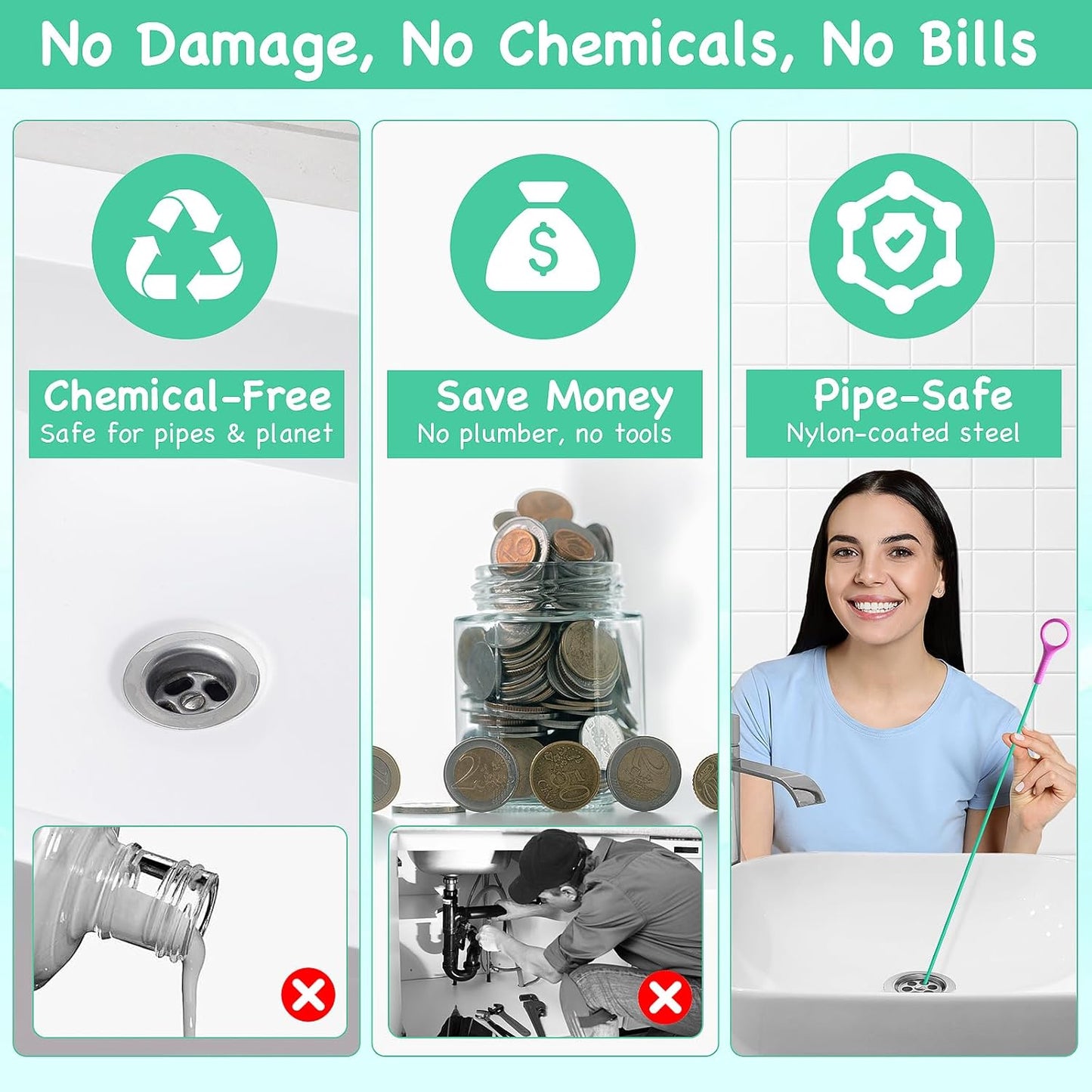 Drain Snake Hair Drain Clog Remover, 37-Inch Anti-Break Metal Sink Snake Drain Hair Removal Tool with Nylon Layer, Plumbing Snake Drain Cleaner Tool–6 Pack for Bathroom, Shower, Kitchen Sink, Bathtub