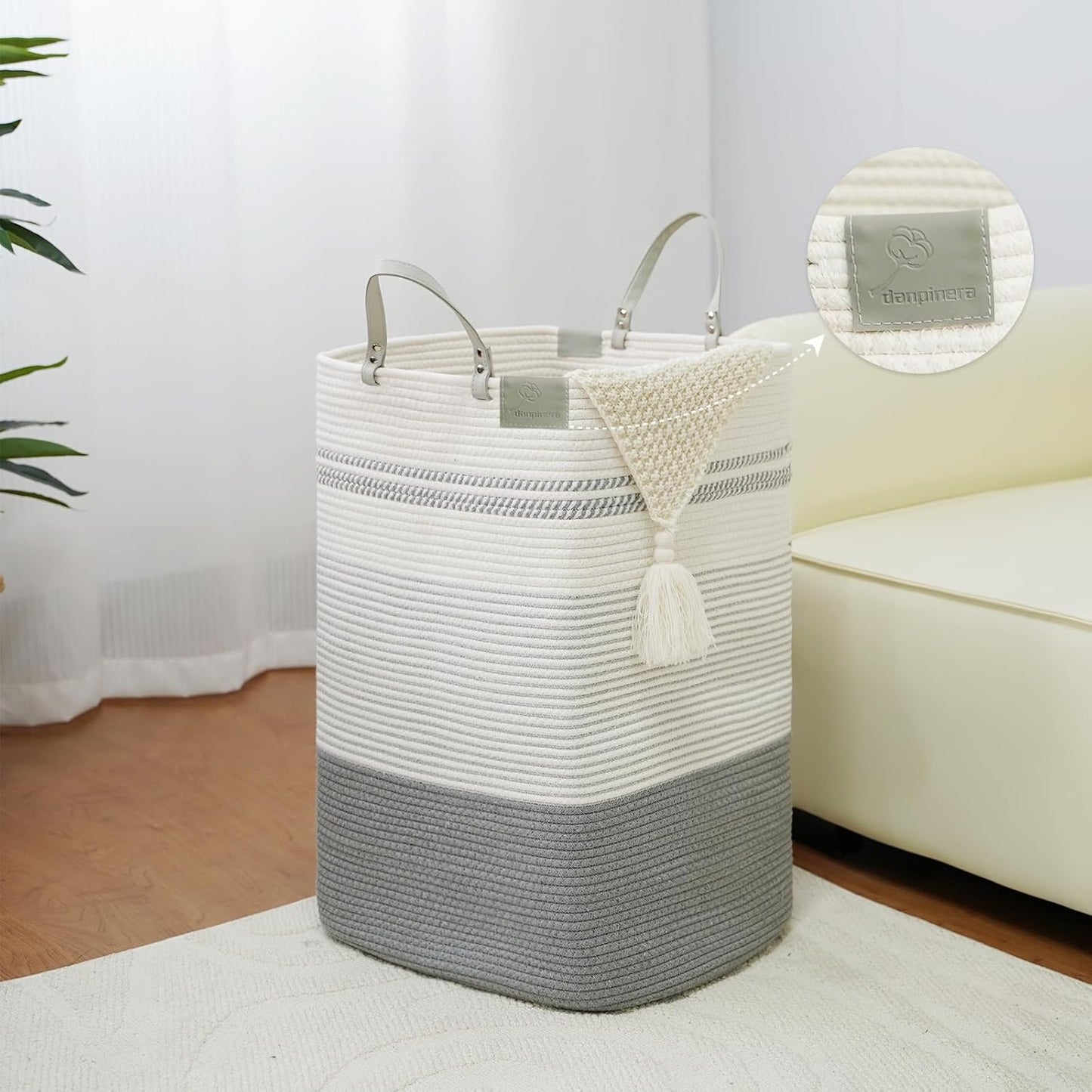 danpinera 100L Nursery Hamper, Tall Woven Laundry Basket with Long Leather Handles, Boho Laundry Hamper for Living Room & Bedroom, Eco-friendly & Convenient Decorative Storage Basket White & Gray