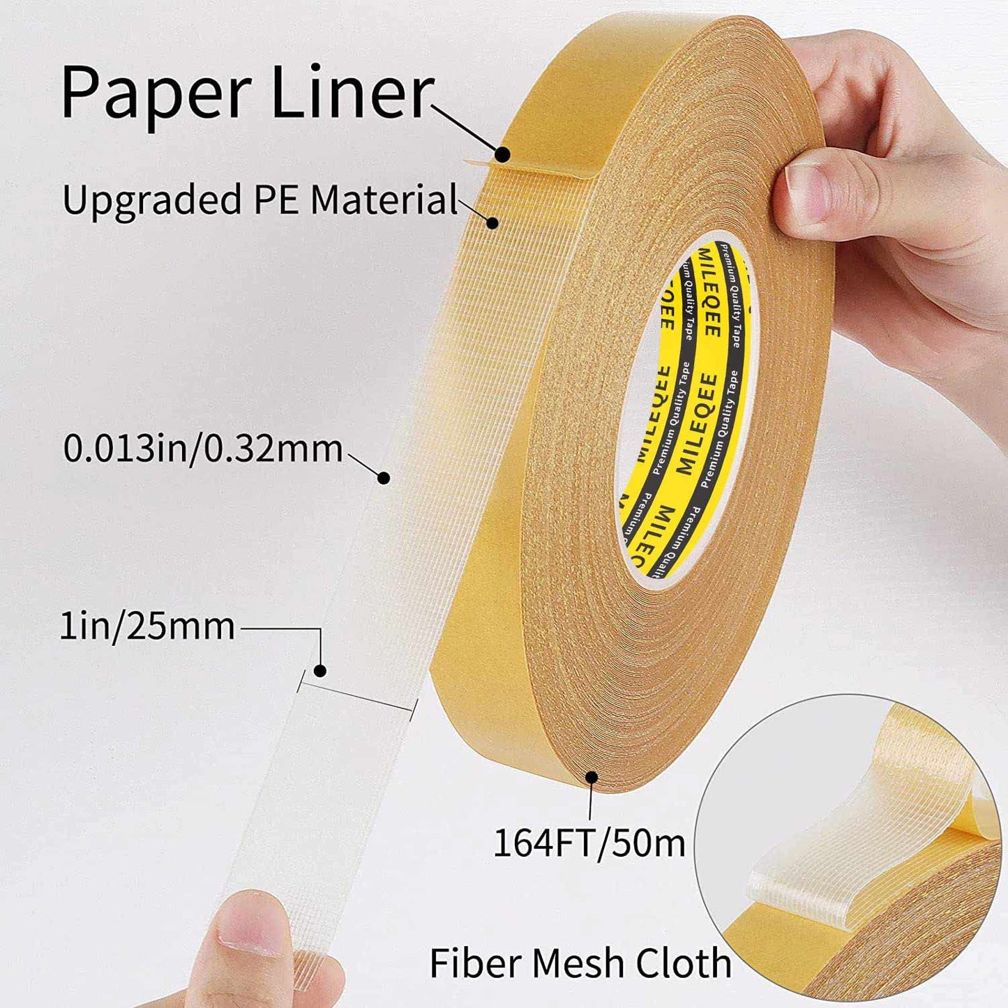 Double Sided Tape Heavy Duty, 1in x 164FT, Extra Large Universal High Tack Mounting Tape, Strong Wall Adhesive Strips Fiberglass Mesh, Sticky Clear Tape, Picture Poster Decor, Easy Use