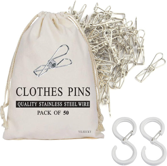 50 Pcs Clothespins Laundry Chip Clips - Durable Stainless Steel Clothes Pins,Heavy Duty Clamp Metal Wire Clothes Pegs with One Storage Bag & 2 Hooks,for Outdoor Clothesline Home Kitchen Office