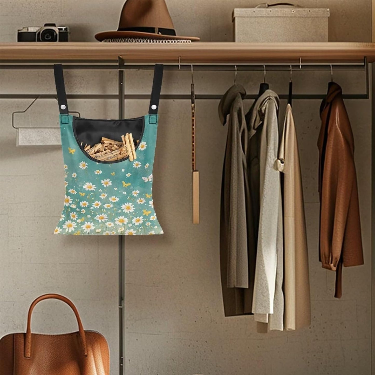 Clothespin Bag for Clothes Pin Holder for Outside and Clothes Line Pins, Clothes Pin Hanging Bag Fits Outdoor Laundry Clothesline - Daisy Pattern