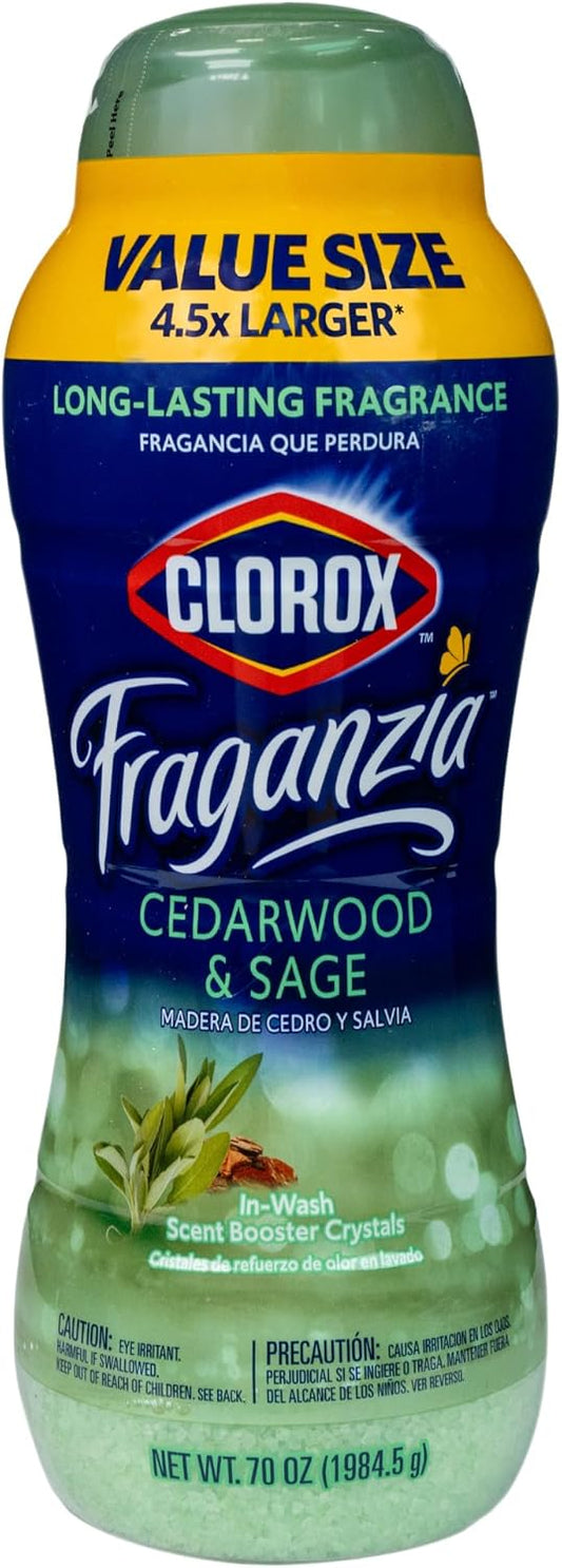 Clorox Fraganzia Laundry Scent Booster Crystals in Cedarwood & Sage Scent - Scented In-Wash Freshener Beads for Fresh, Clean, Great Smelling Clothes and Linens, 70 Oz