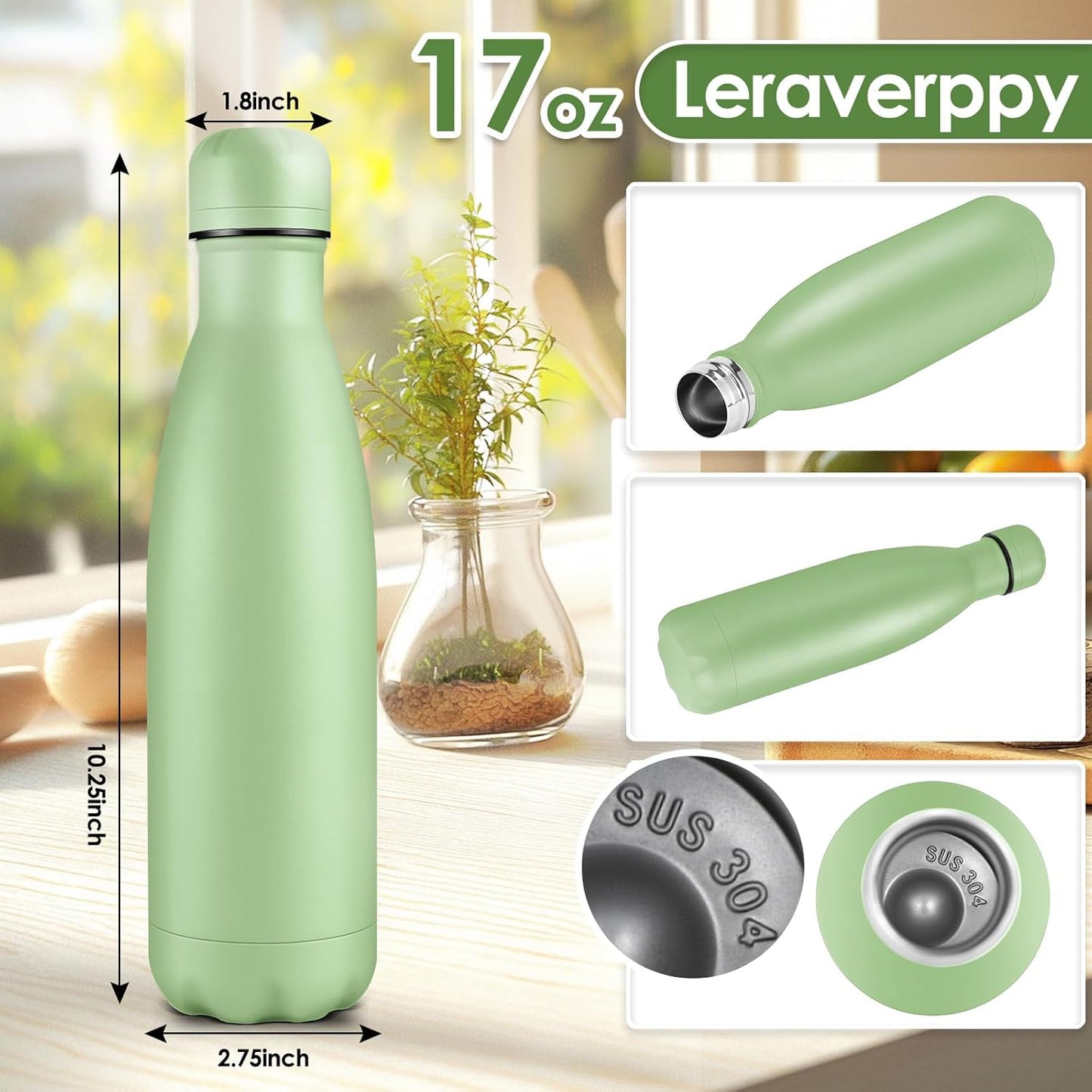 17oz Cola-Bottle Shaped Stainless Steel Leak-proof Water Bottle,Double Wall Vacuum Insulated Metal,Travel Mug For Sports Indoors & Outdoors,BPA-Free School Kids Flasks,Green(4Pack)