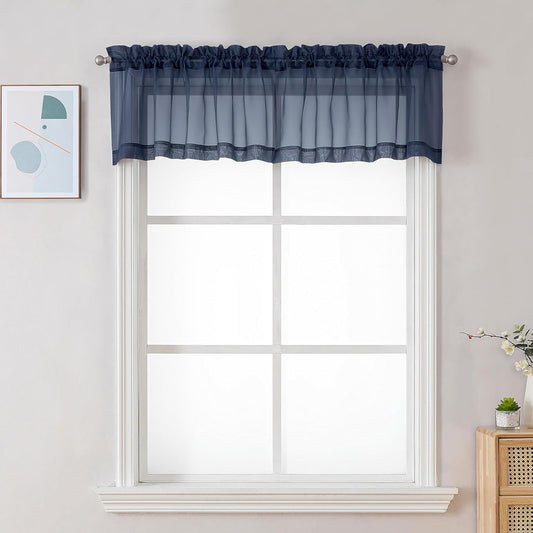 Chyhomenyc Sheer Valances for Windows 2 Pack, Small Window Curtains for Living Room Bathroom Cafe Laundry Basement, Modern Top Dual Rod Pocket Voile Curtain, 42W x 18L inches, Navy Blue