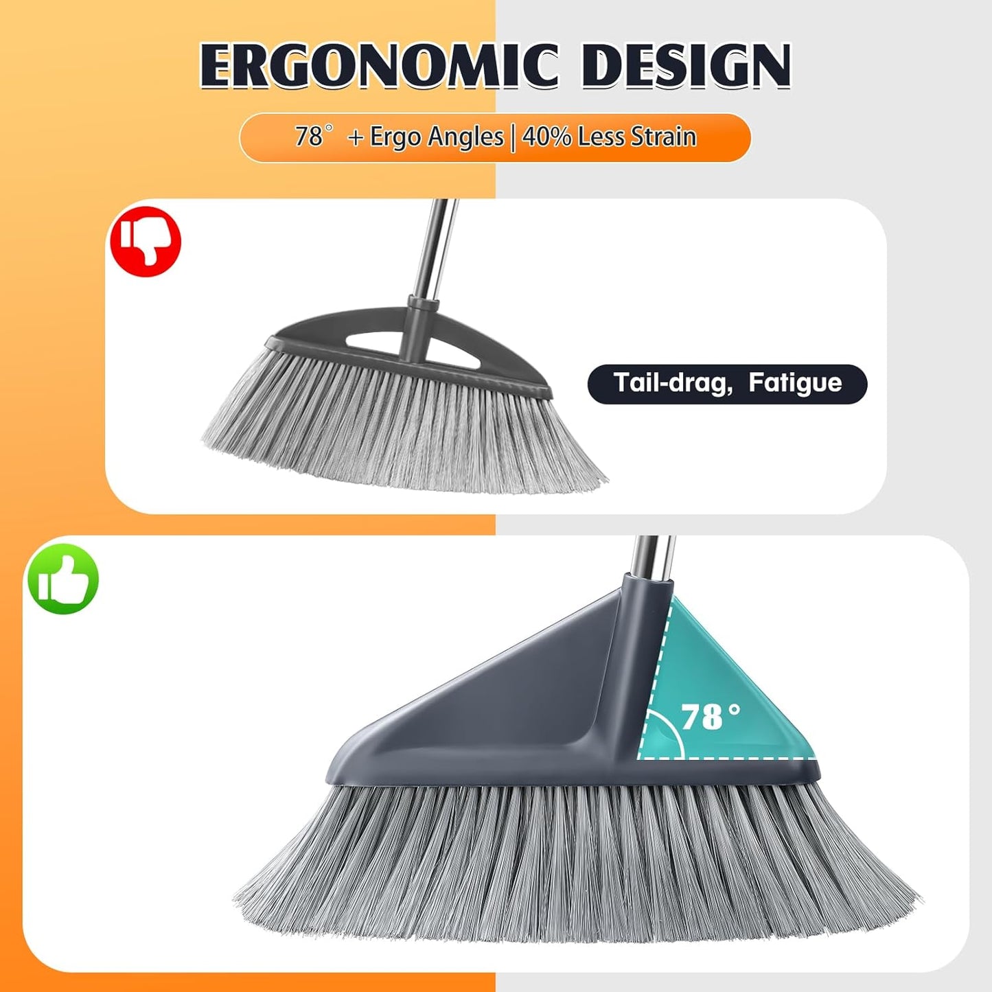 Broom and Dustpan Set for Home with 52 Inch Long Angled Handle - Stand Up Dustpan No Warping Metal Edge, Ergonomic Sweeping, 4 Layer Bristles and Hair Cleaning Teeth for Kitchen Office