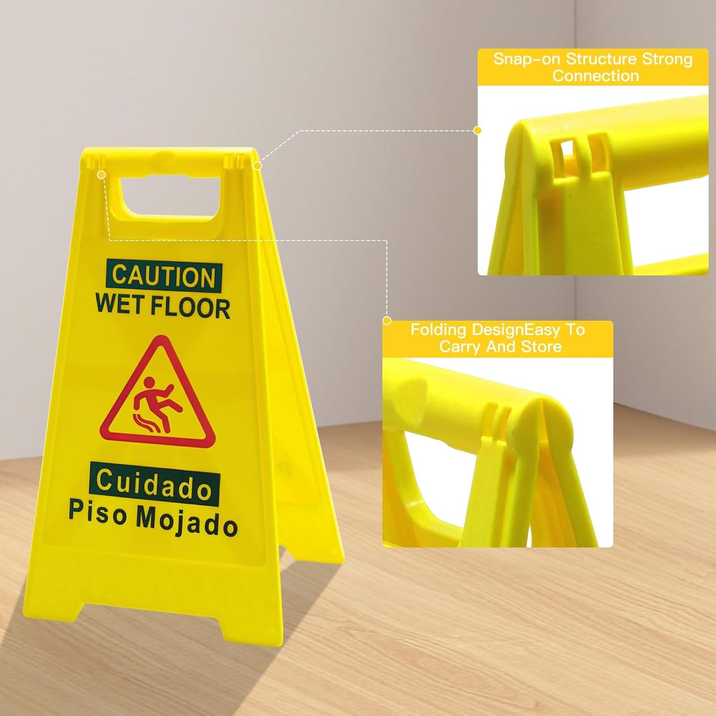 2-Pack Caution Wet Floor Sign, 17.5" Height, Bright Yellow, Double-Sided Folding A-Frame Design - Commercial Safety Sign with Bilingual Message
