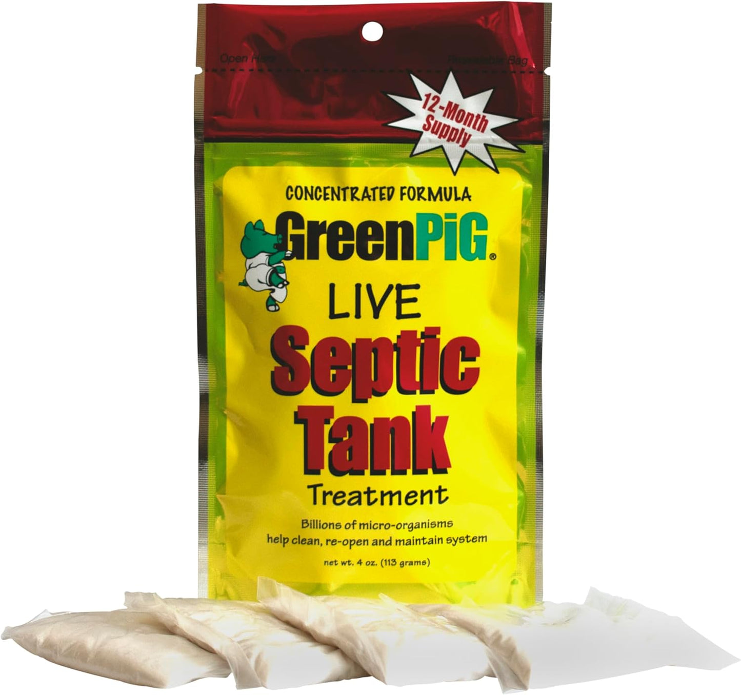 GREEN PIG Septic Tank Treatment Packets, Septic Safe Clog Remover, Prevents Expensive Septic Tank and Drain Field Failures, 4 Pods, 1-Year Supply