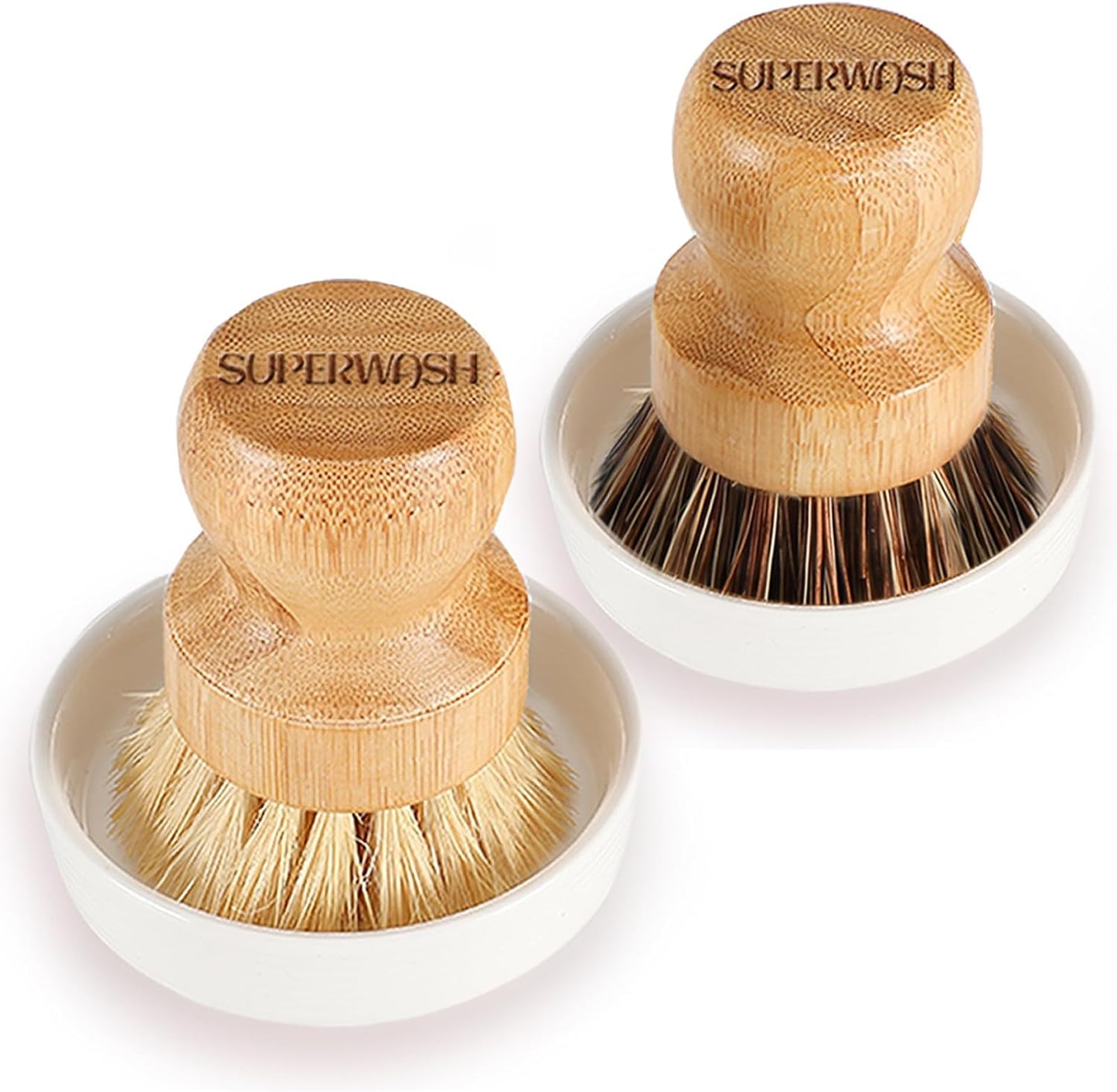 Bamboo Brush Dish Scrubber Clean Pan and Vegetable, Natural Bristles Palm Pot Brush 2 Pack Round Mini Dish Brush with 2 Ceramic Dish for Kitchen Sink Cleaning