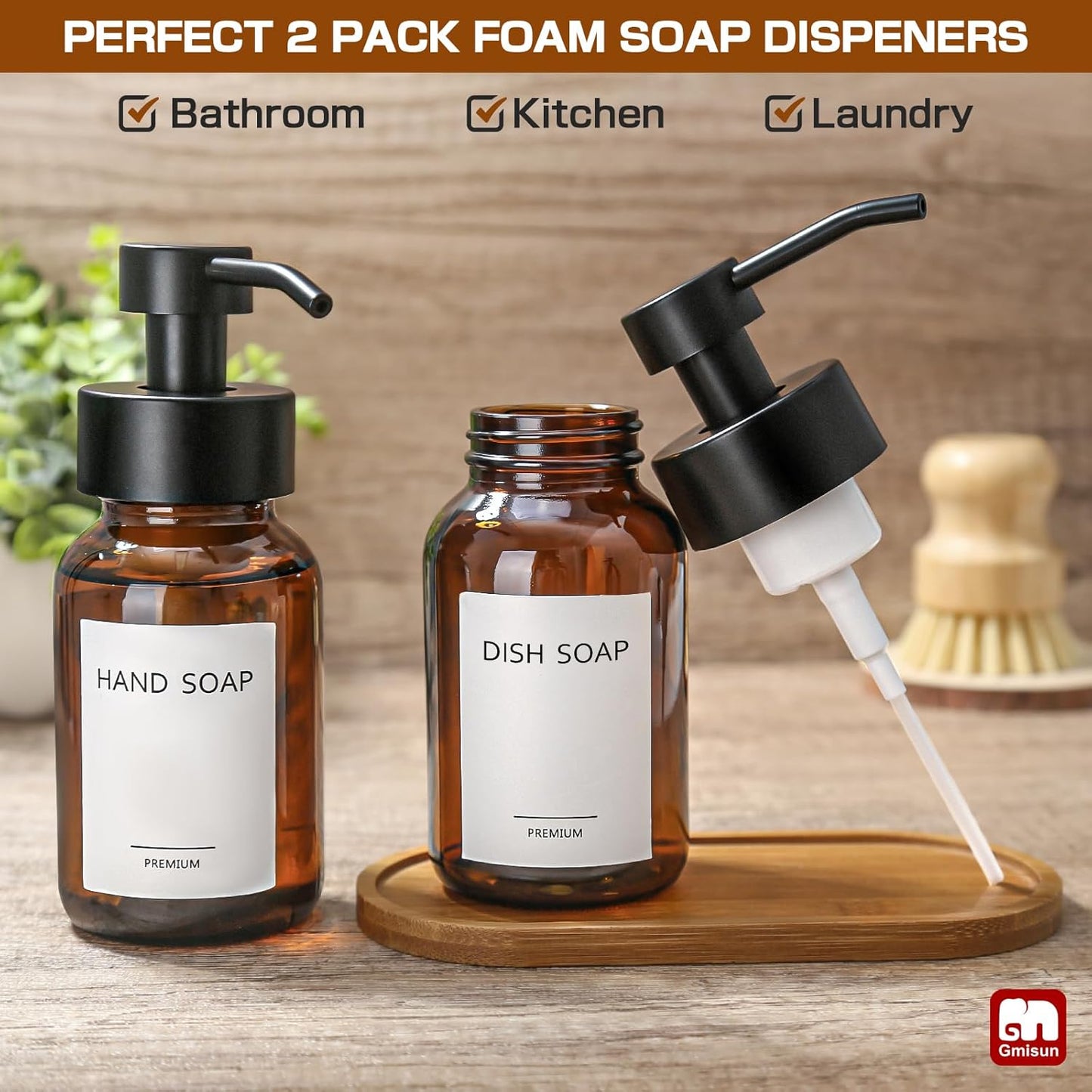 GMISUN Foaming Soap Dispenser, 8.5 fl oz / 250ml Amber Glass Foam Soap Dispenser for Bathroom & Kitchen, 2 Pack Modern Refillable Foaming Hand Soap Dispensers, Foam Pump Bottle with Waterproof Labels
